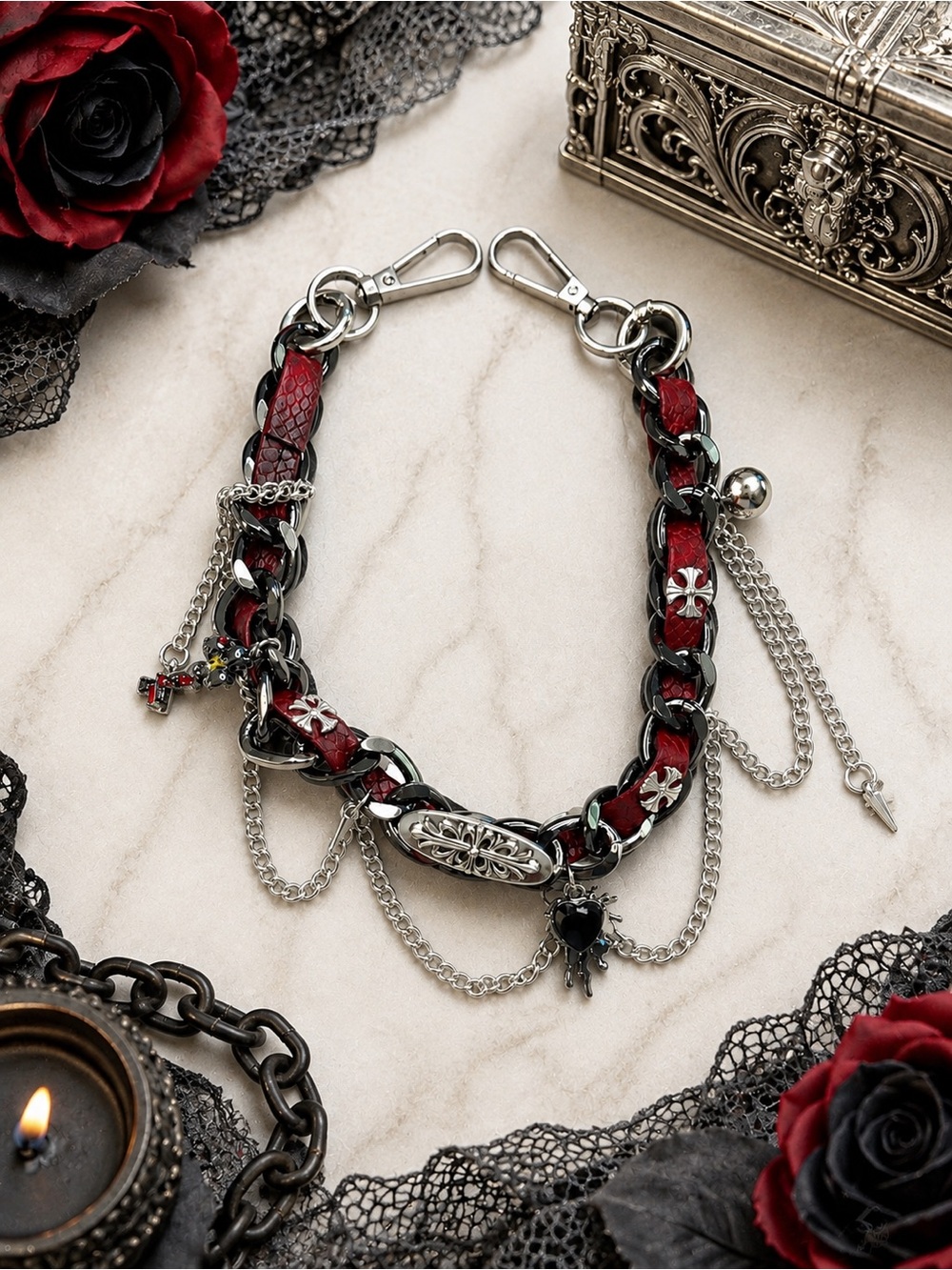 Gothic Red & Gunmetal Bag Chain Charm Cross Heart Statement Purse Accessory